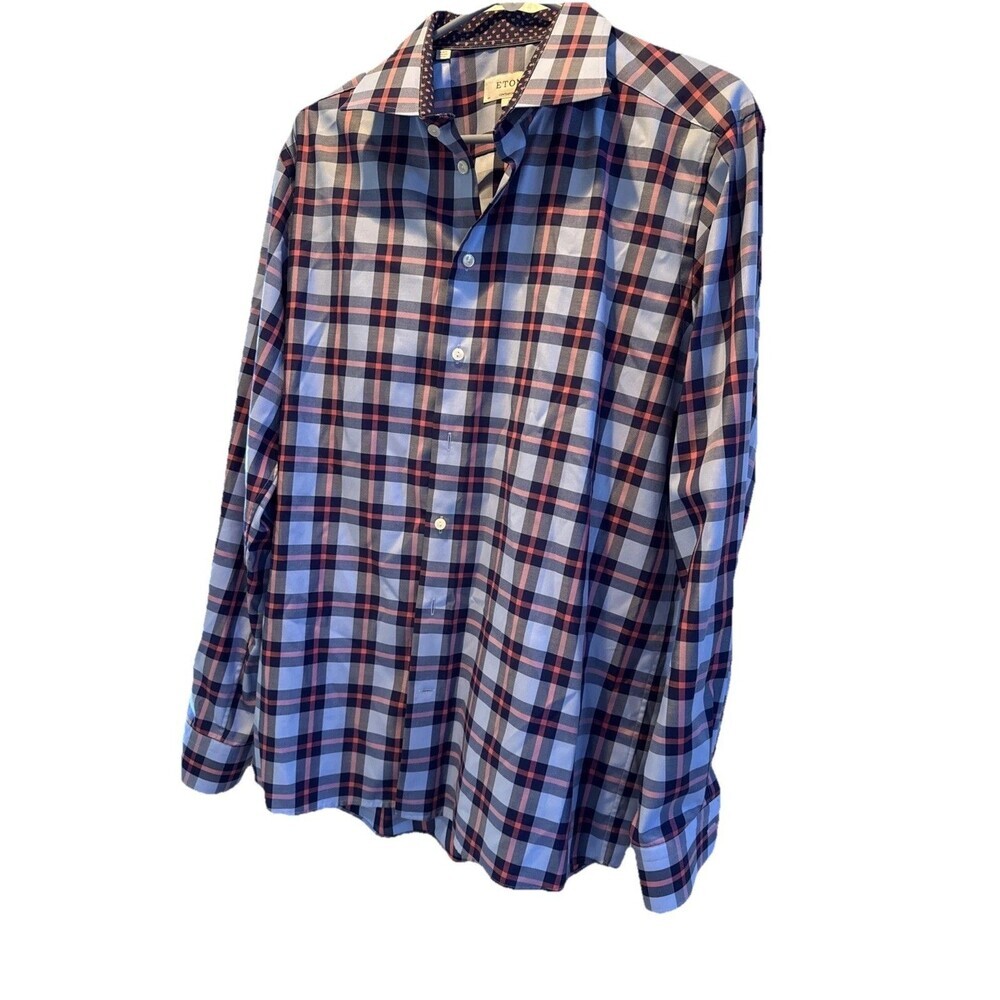 Eton Shirt Mens 44 17.5 Multi Cont Fit Cambridge Signature Twill Button Up Adult